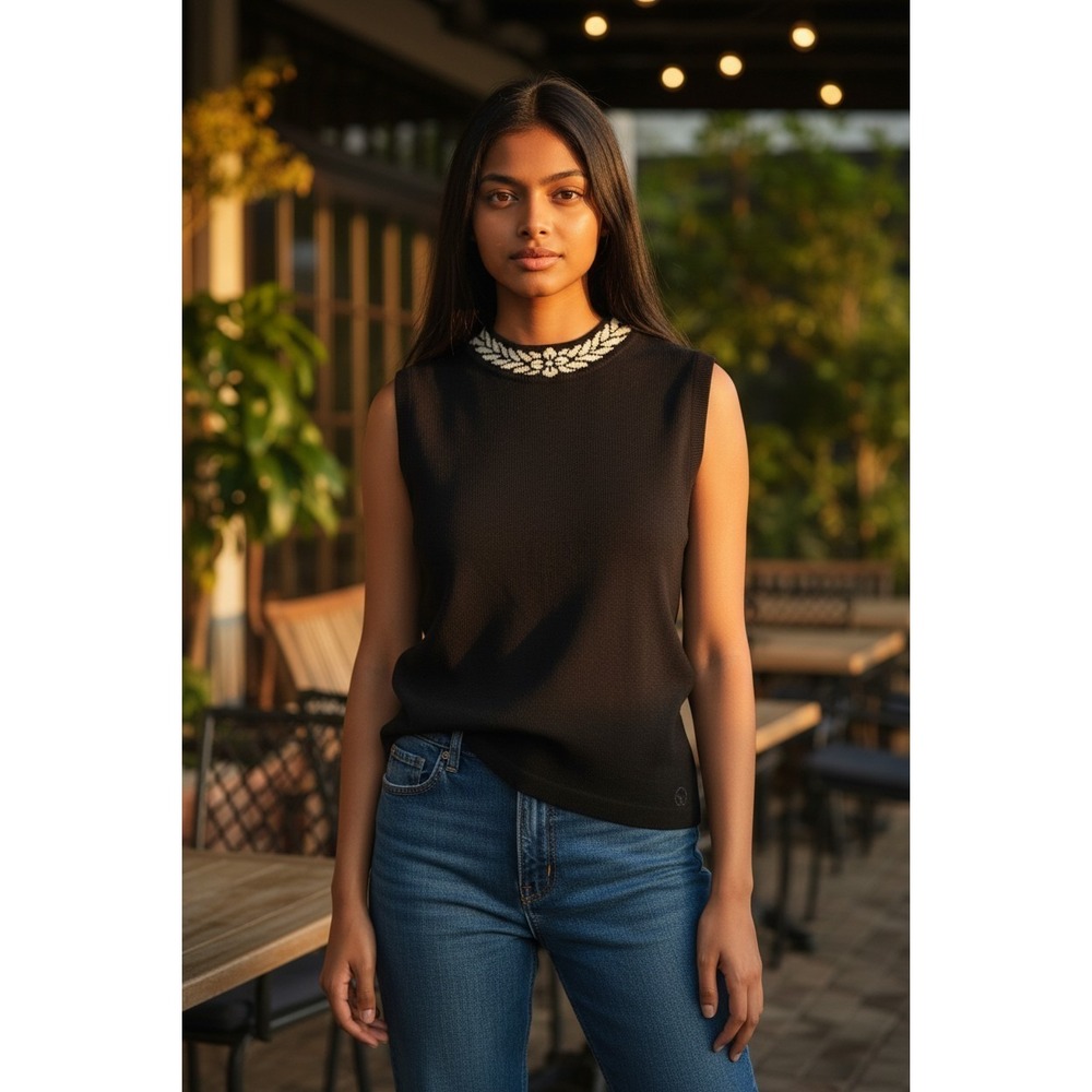 St. John Sport by Marie Gray Knit Sleeveless Mock Neck Top Black White S